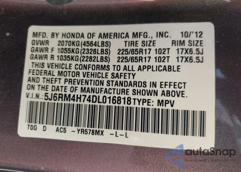 2013 Honda Cr-V Exl z USA, uszkodzony, nr VIN 5J6RM4H74DL016818